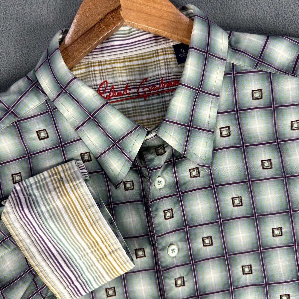 Robert Graham Shirt XL Green Purple Geometric Window Pane Colorful‎ Flip Cuff